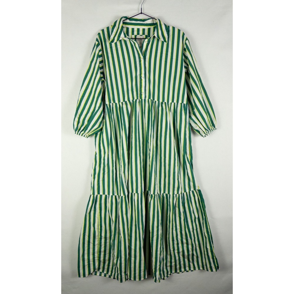 Maeve Anthropologie Shirt Dress Womens Small Green White Striped Tiered Cotton M